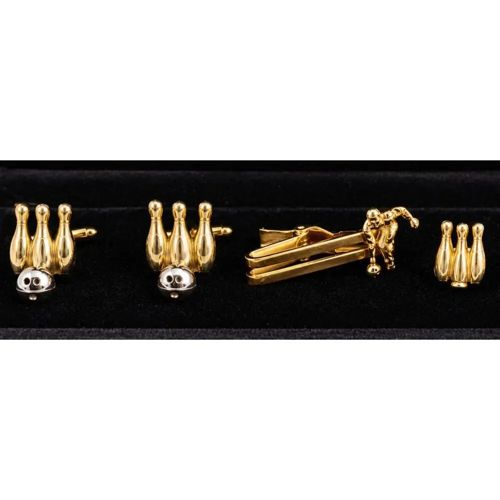Vintage Bowling Cufflinks Tie Clip & Tie Tack Set Gold Tone Retro Men’s...